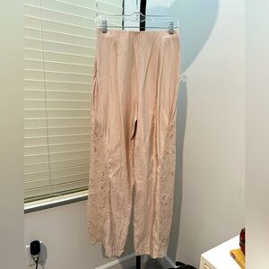 H&M Cream Wide Leg Pants with Lightweight Fabric and Floral Embellishment